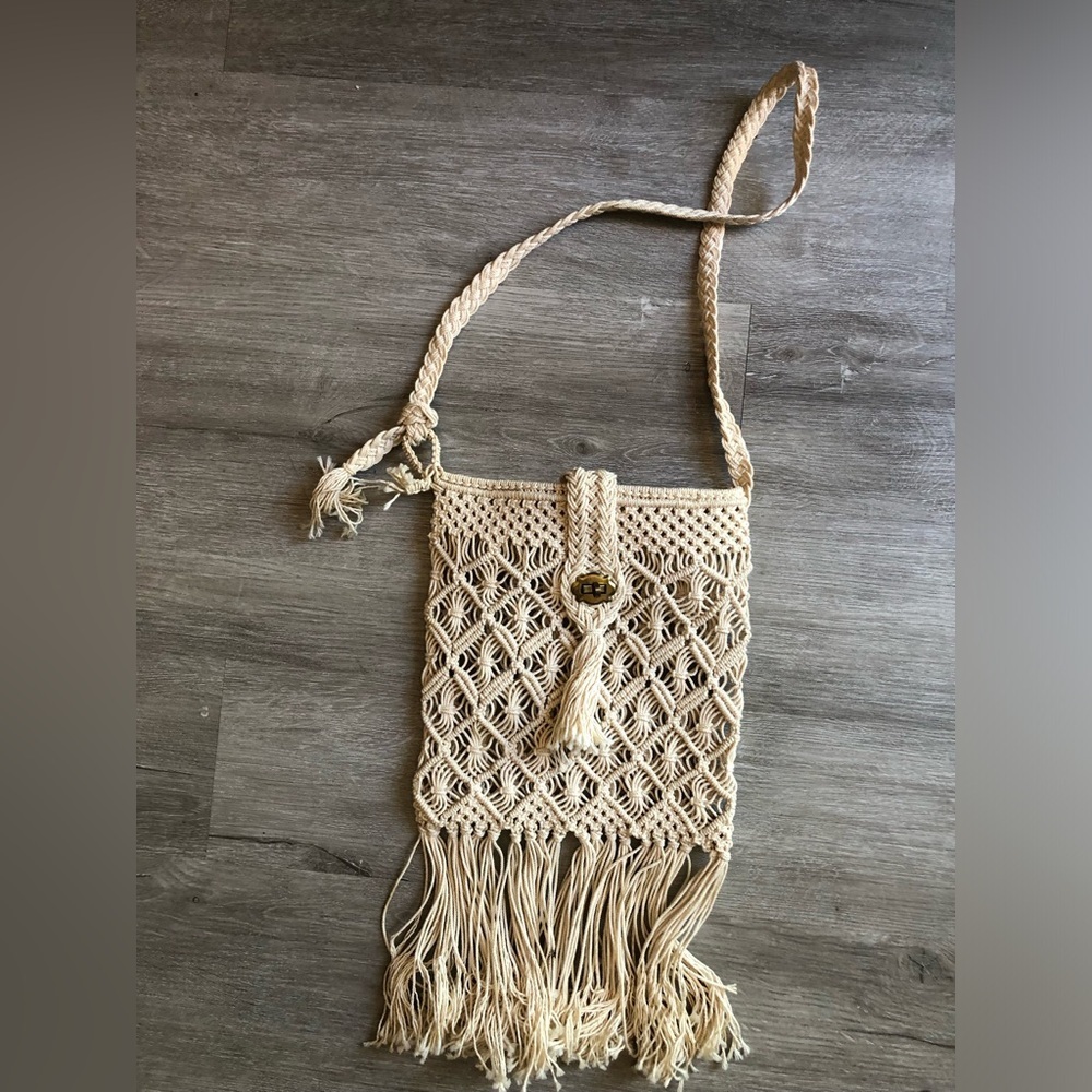 Boho hand made crochet rope purse long strap, cross body beach coastal style